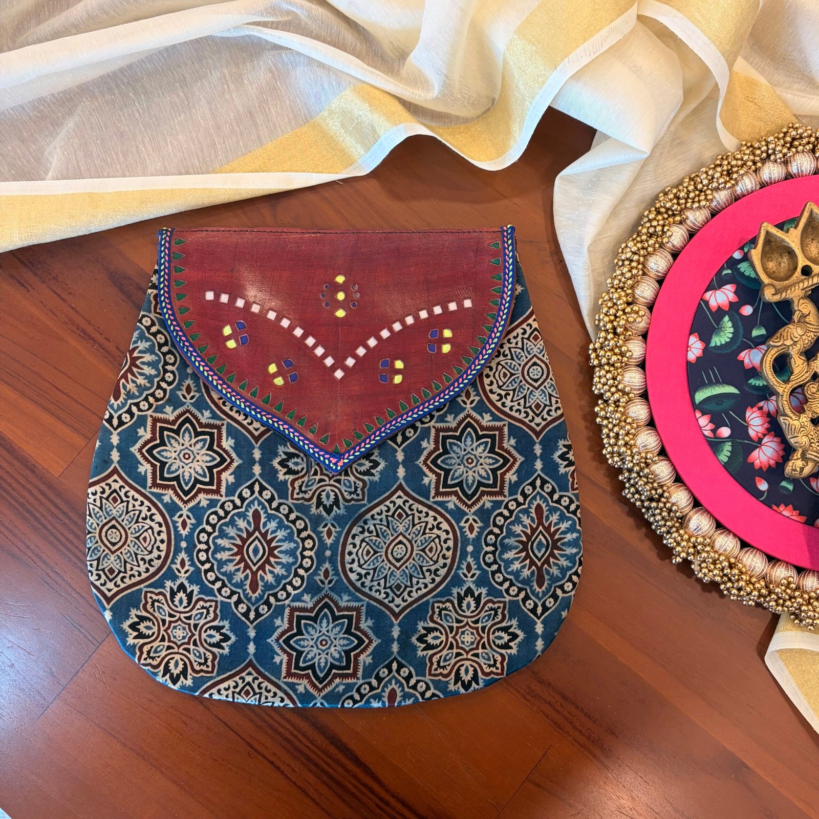 Mashru Silk & Leather Shoulder Bag (Blue Red) - Image 2