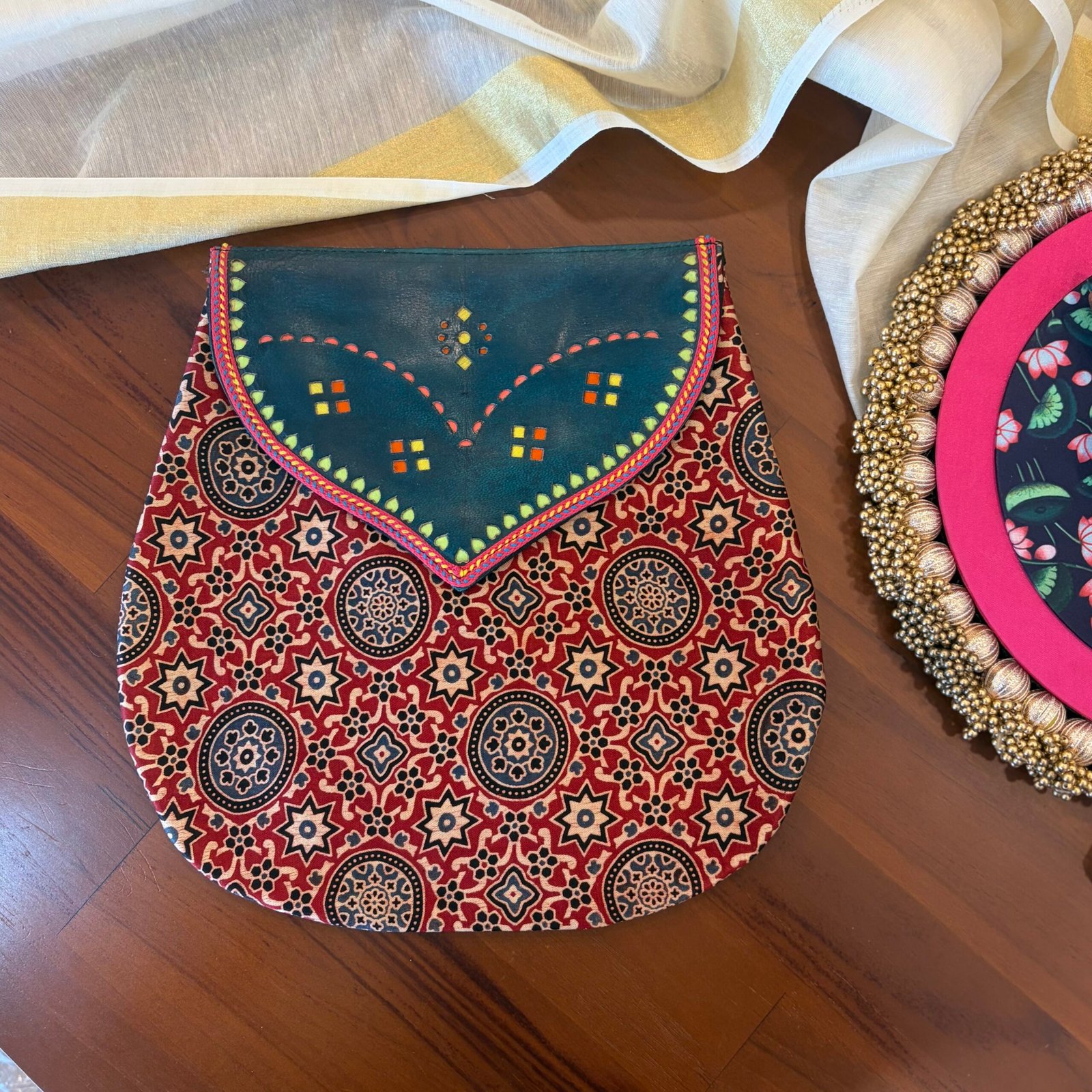 Mashru Silk & Leather Shoulder Bag (Red Circles) - Image 2