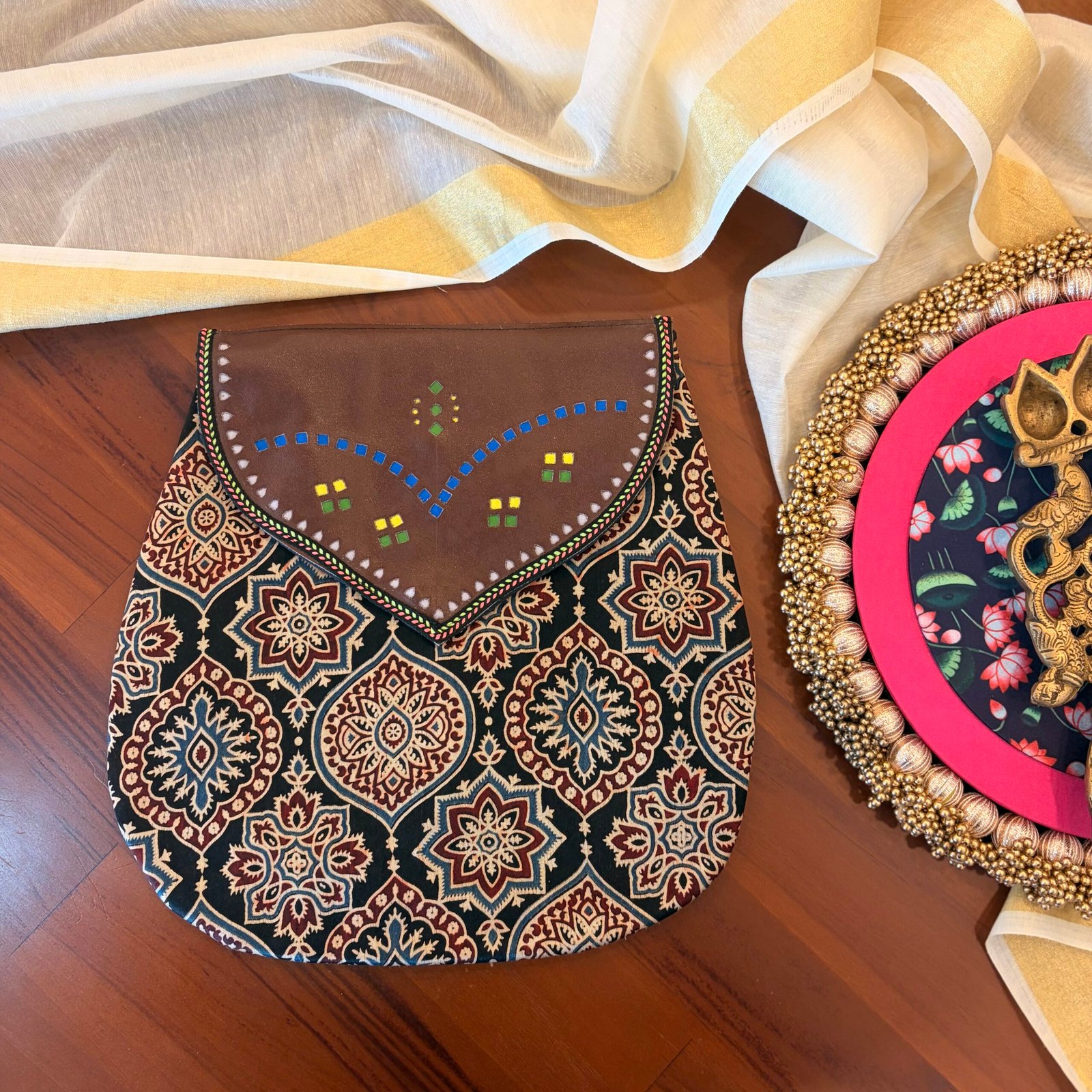 Mashru Silk & Leather Shoulder Bag (Black) - Image 2