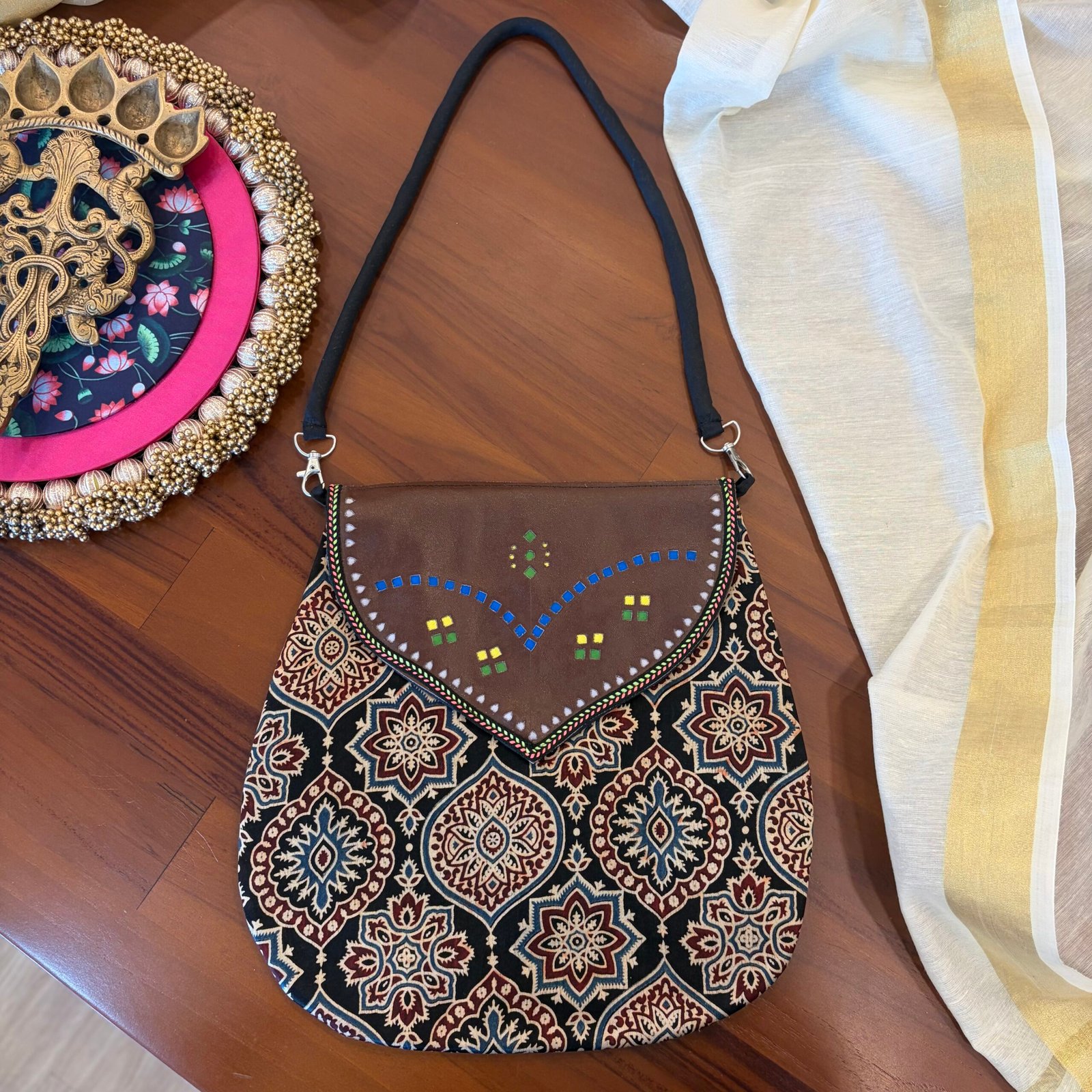 Mashru Silk & Leather Shoulder Bag (Black) - Image 3