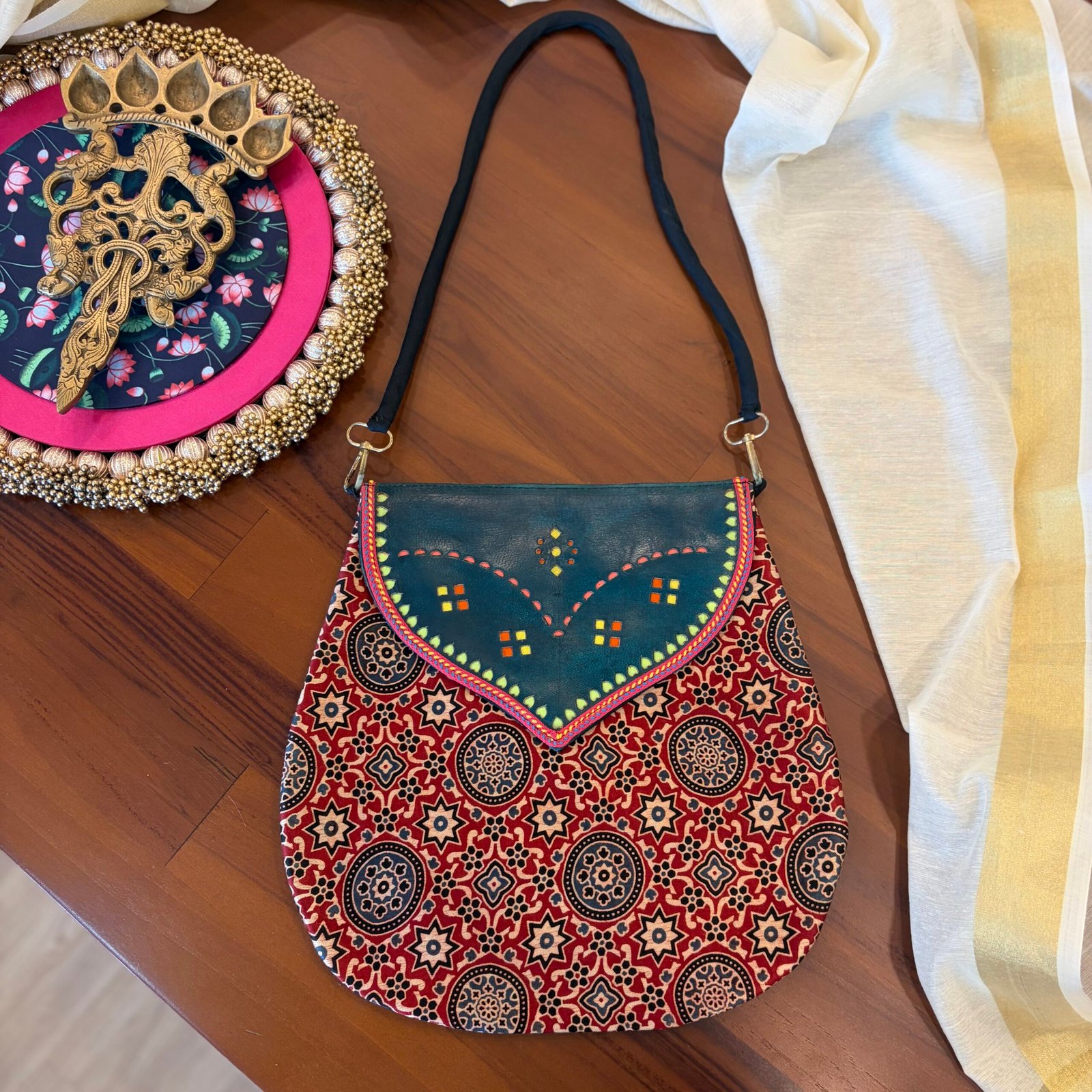Mashru Silk & Leather Shoulder Bag (Red Circles) - Image 3