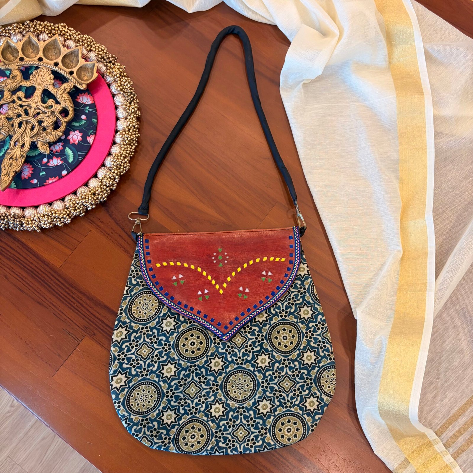 Mashru Silk & Leather Shoulder Bag (Blue Green) - Image 3