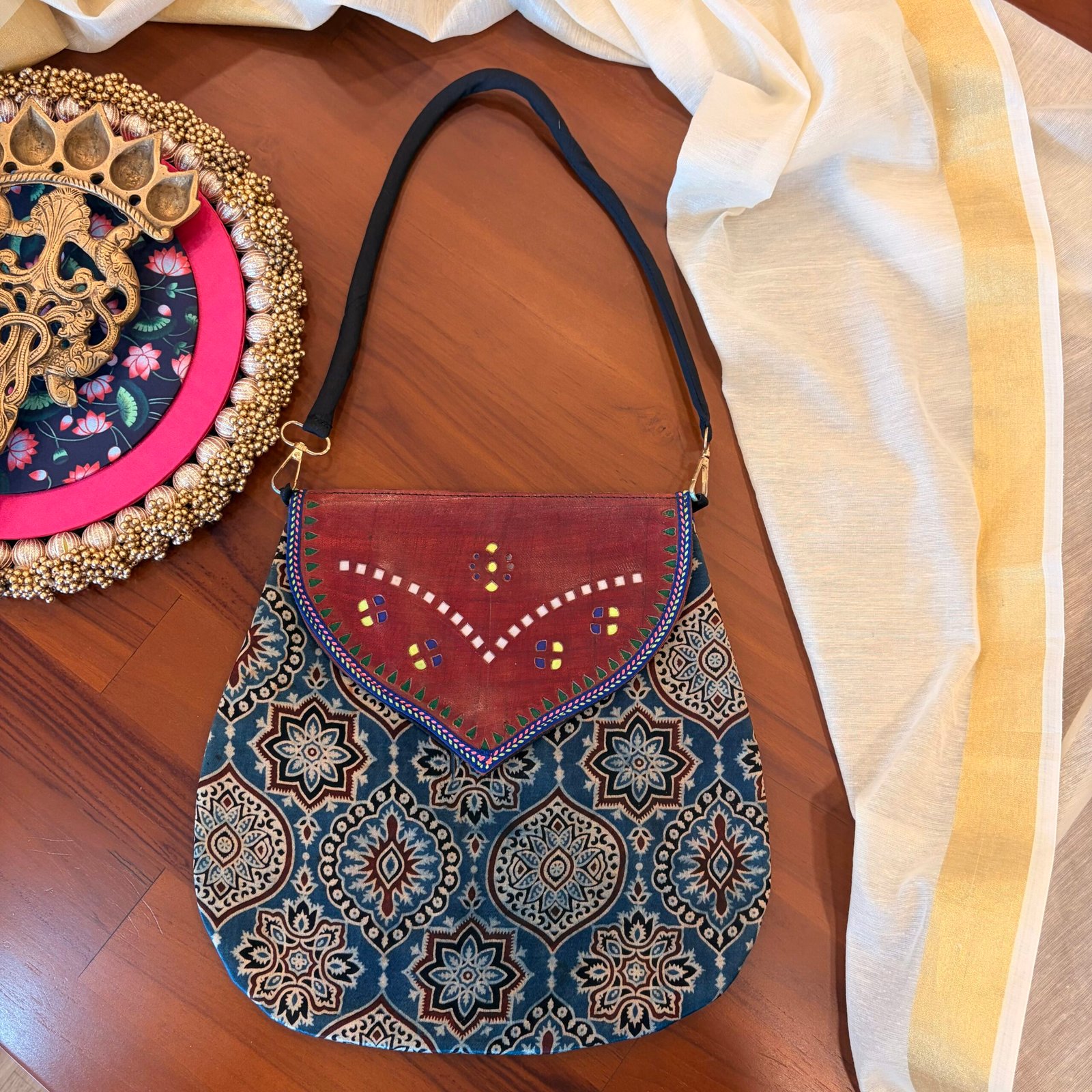 Mashru Silk & Leather Shoulder Bag (Blue Red) - Image 3