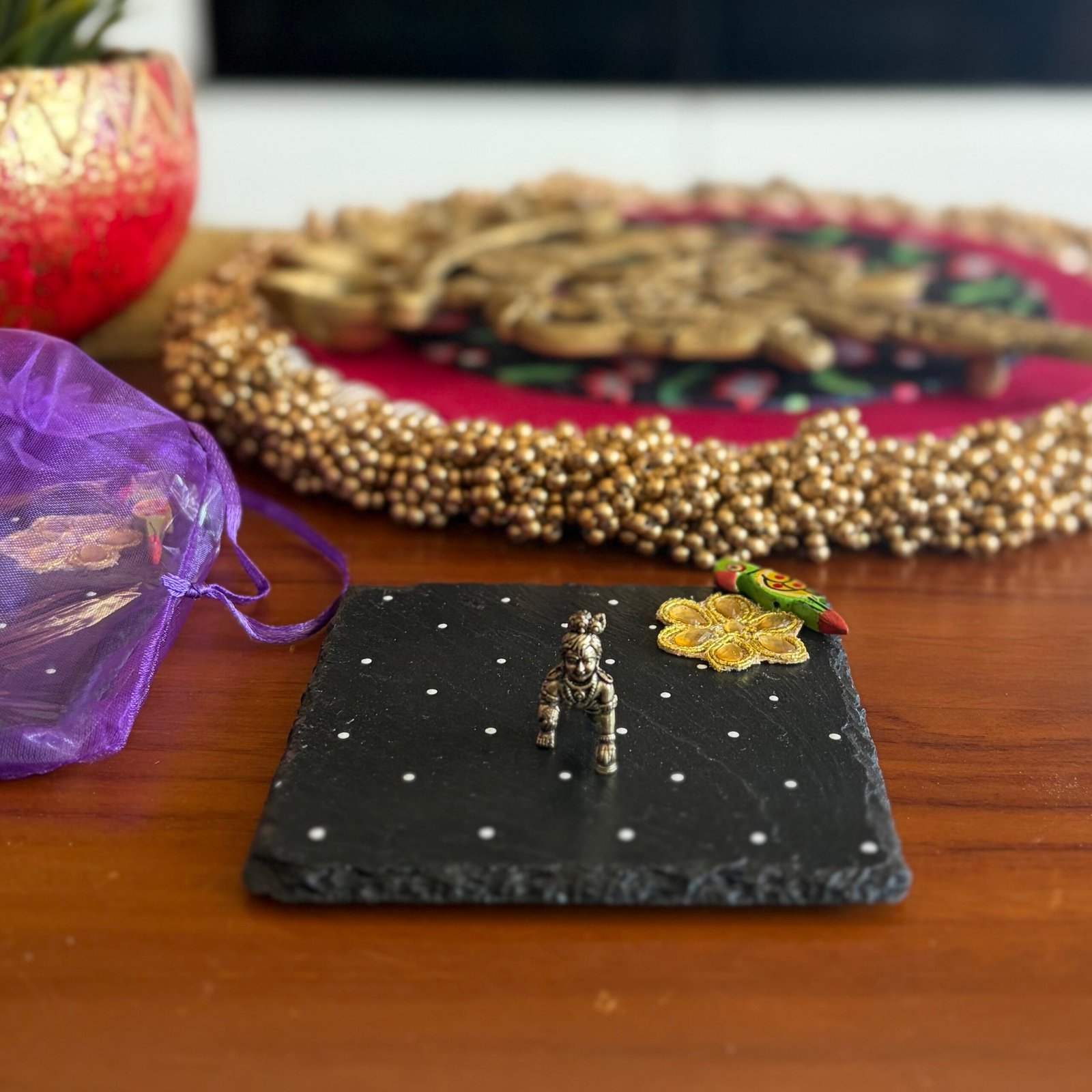 Pooja Coaster & Bala Krishna Gift Set (Green Bird)