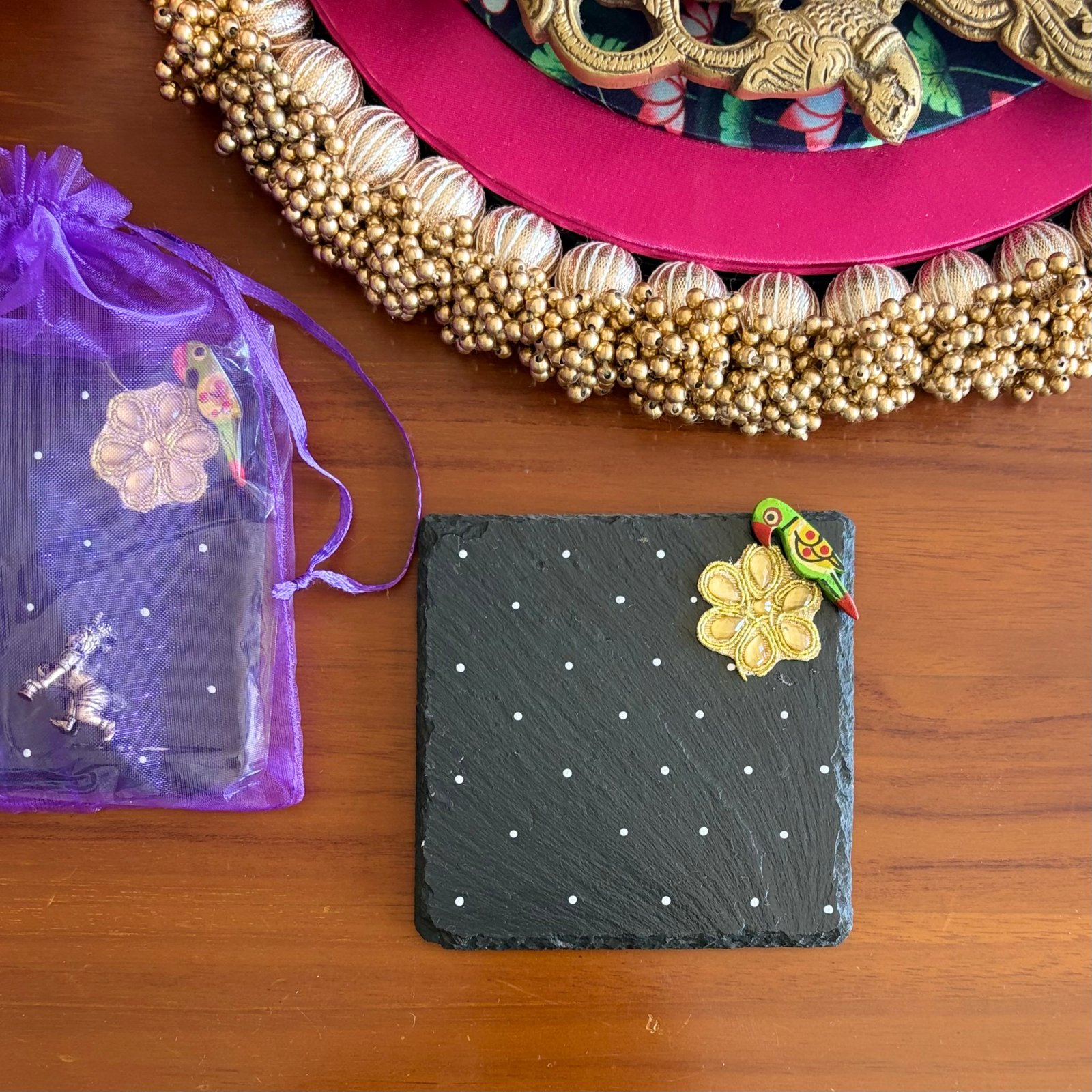 Pooja Coaster & Standing Krishna Gift Set (Green Bird) - Image 3