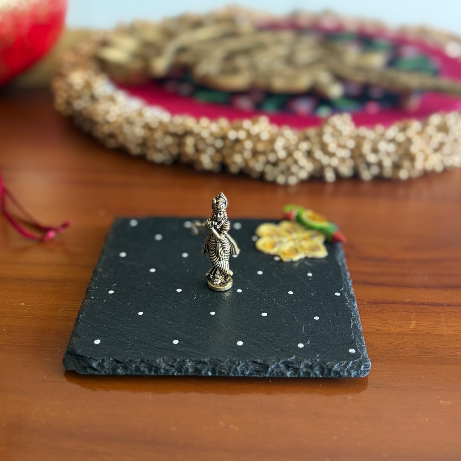 Pooja Coaster & Standing Krishna Gift Set (Green Bird)