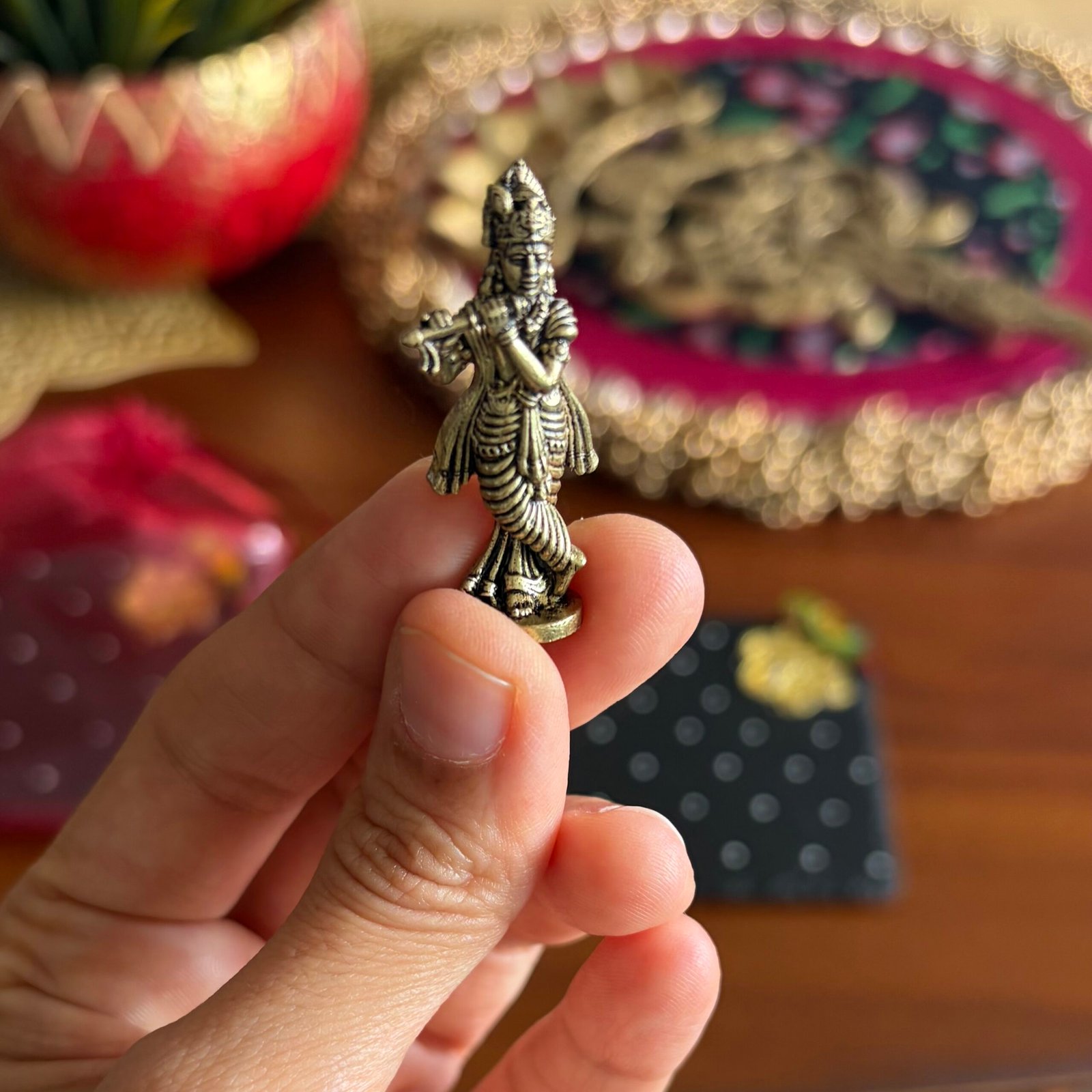 Pooja Coaster & Standing Krishna Gift Set (Green Bird) - Image 2