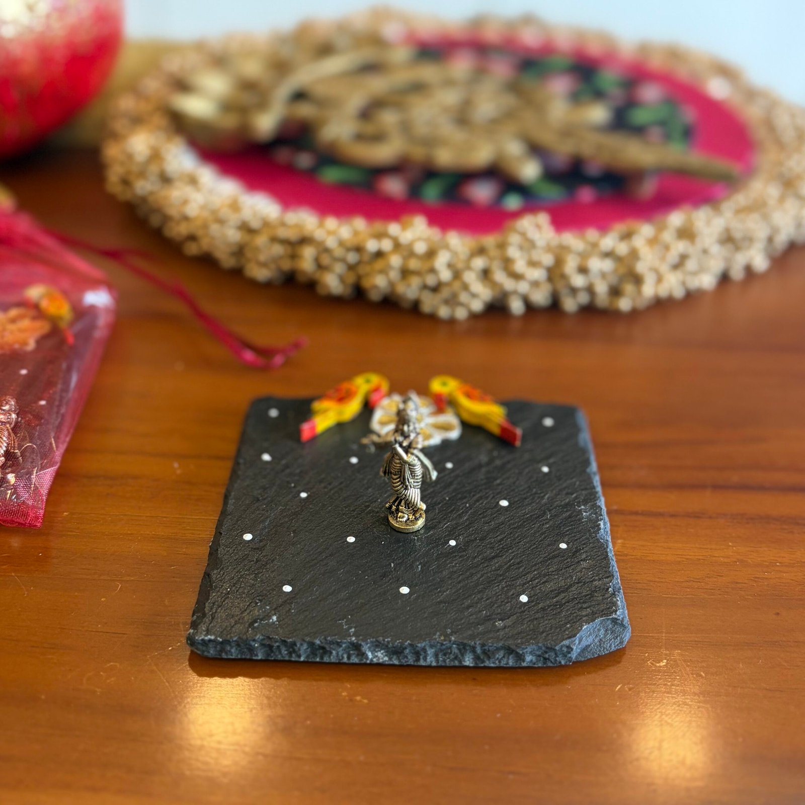 Pooja Coaster & Standing Krishna Gift Set (Yellow Bird)
