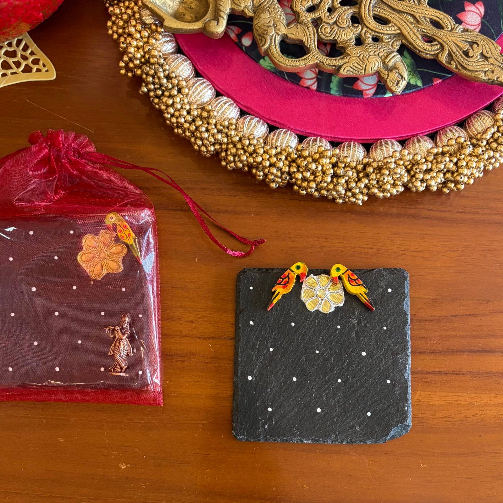 Pooja Coaster & Standing Krishna Gift Set (Yellow Bird) - Image 3