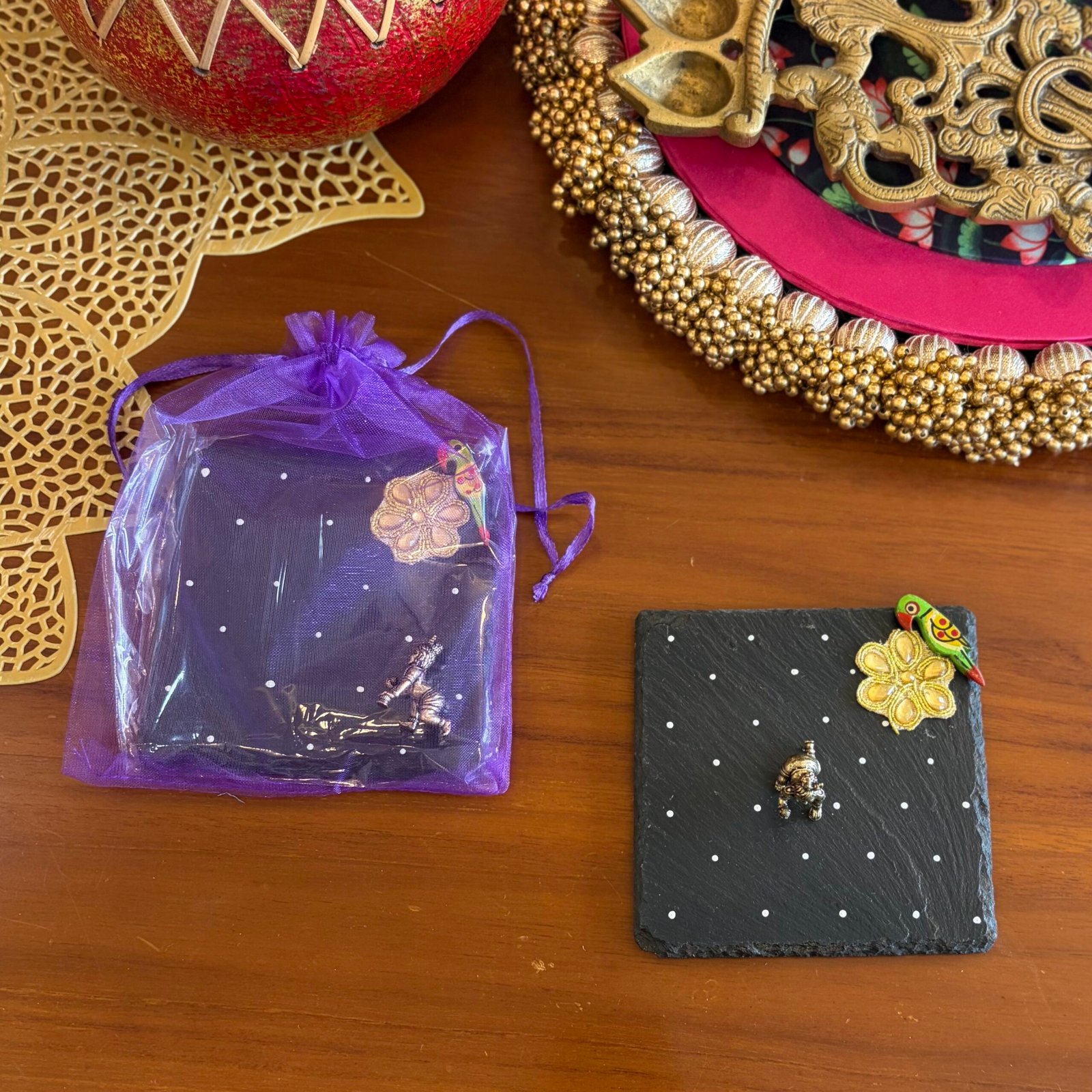 Pooja Coaster & Bala Krishna Gift Set (Green Bird) - Image 2