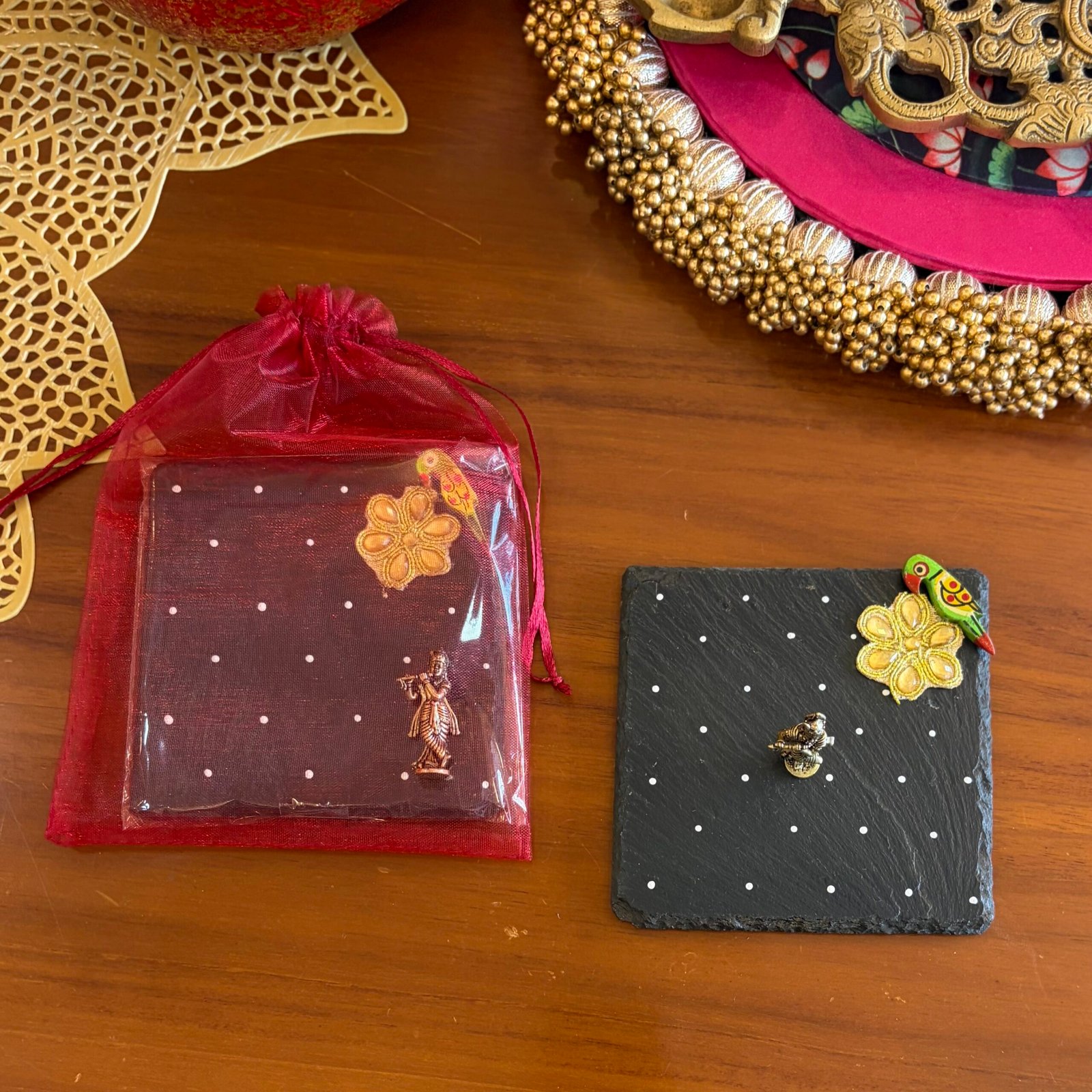 Pooja Coaster & Standing Krishna Gift Set (Green Bird) - Image 6