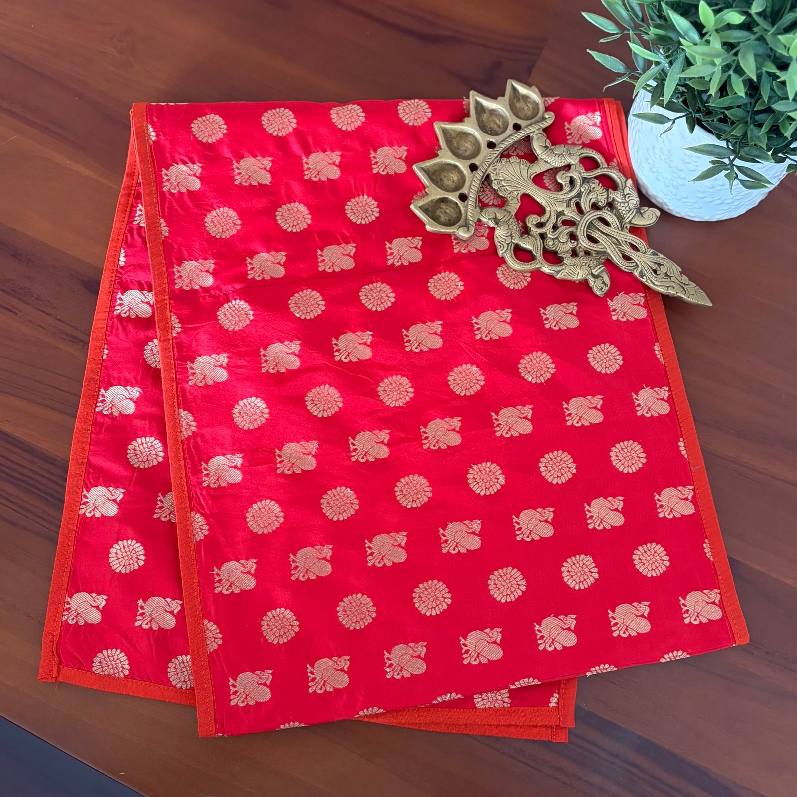 Silk Table Runner (Red Peacock) - Image 3