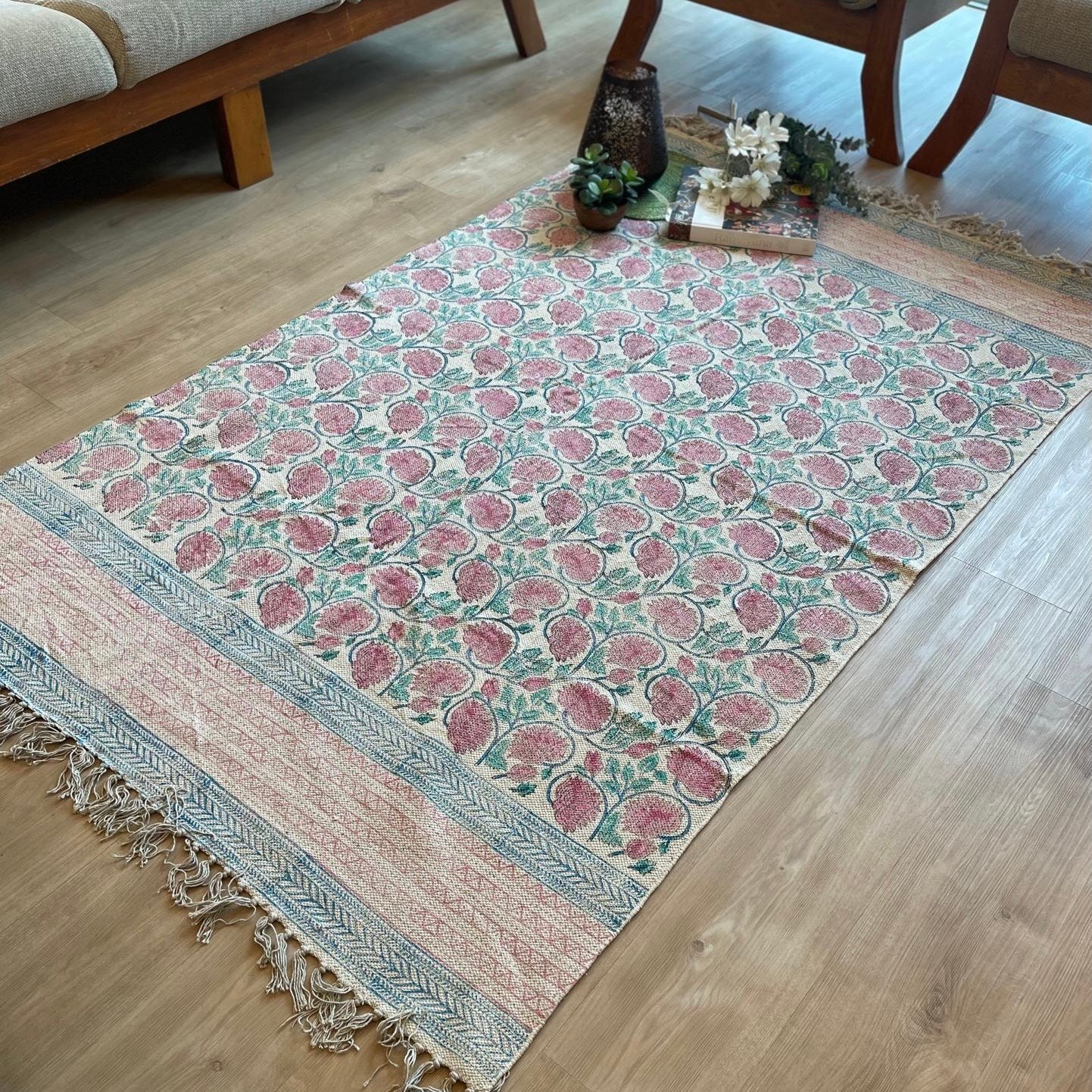 Block Printed Jute Dhurrie (4x6 feet - Pink)