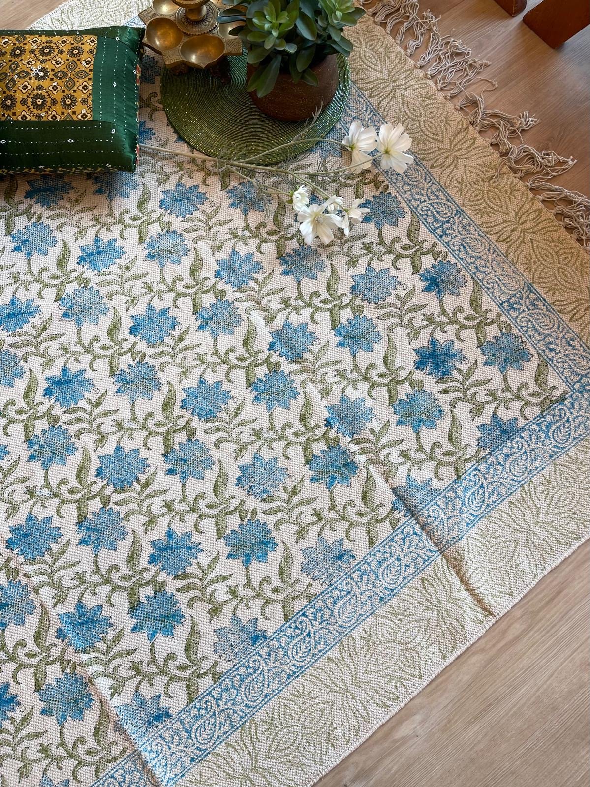 Block Printed Jute Dhurrie (4x6 feet - Blue) - Image 3