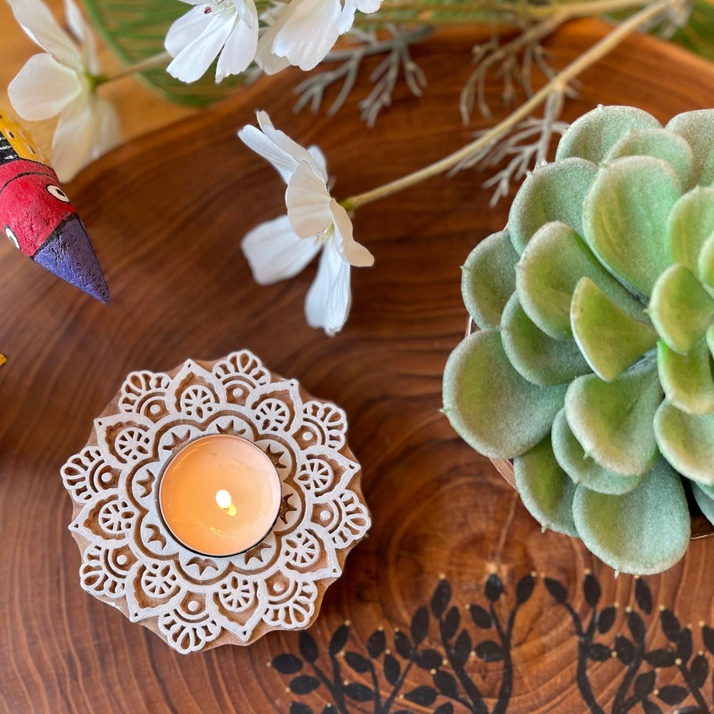 Wooden Block Tealight Holder (Mandala)