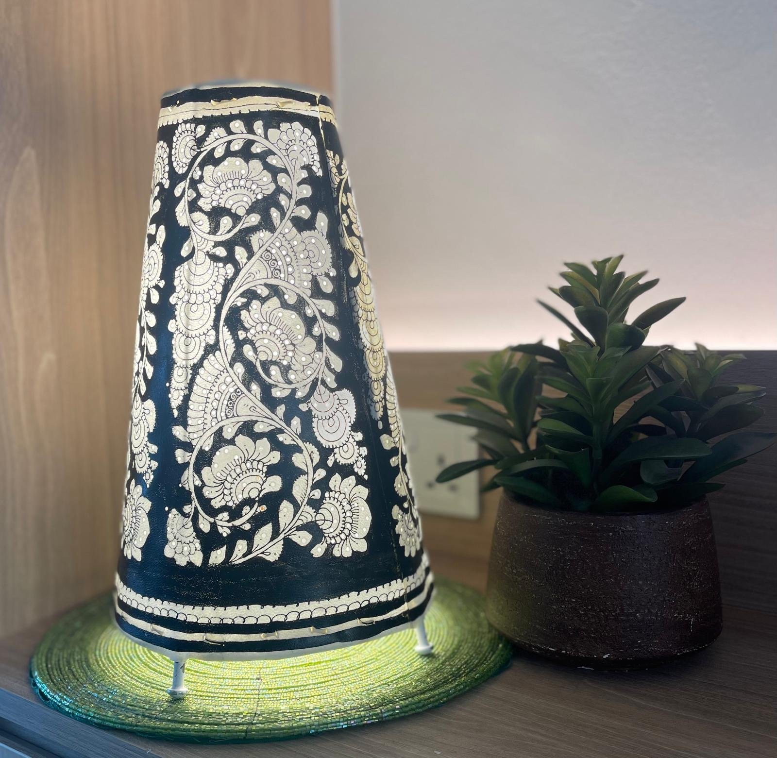 Hand painted Leather Table Lamp (Tholu Bommalata Black Flower Swirl )