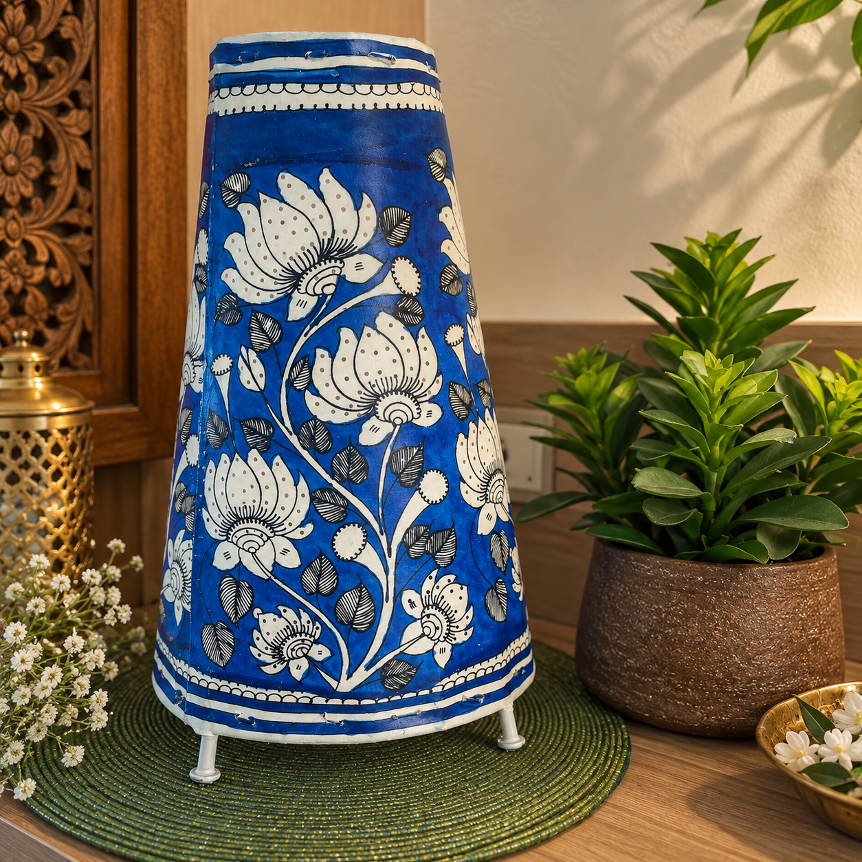 Hand painted Leather Table Lamp (Tholu Bommalata Blue Lotus) - Image 2