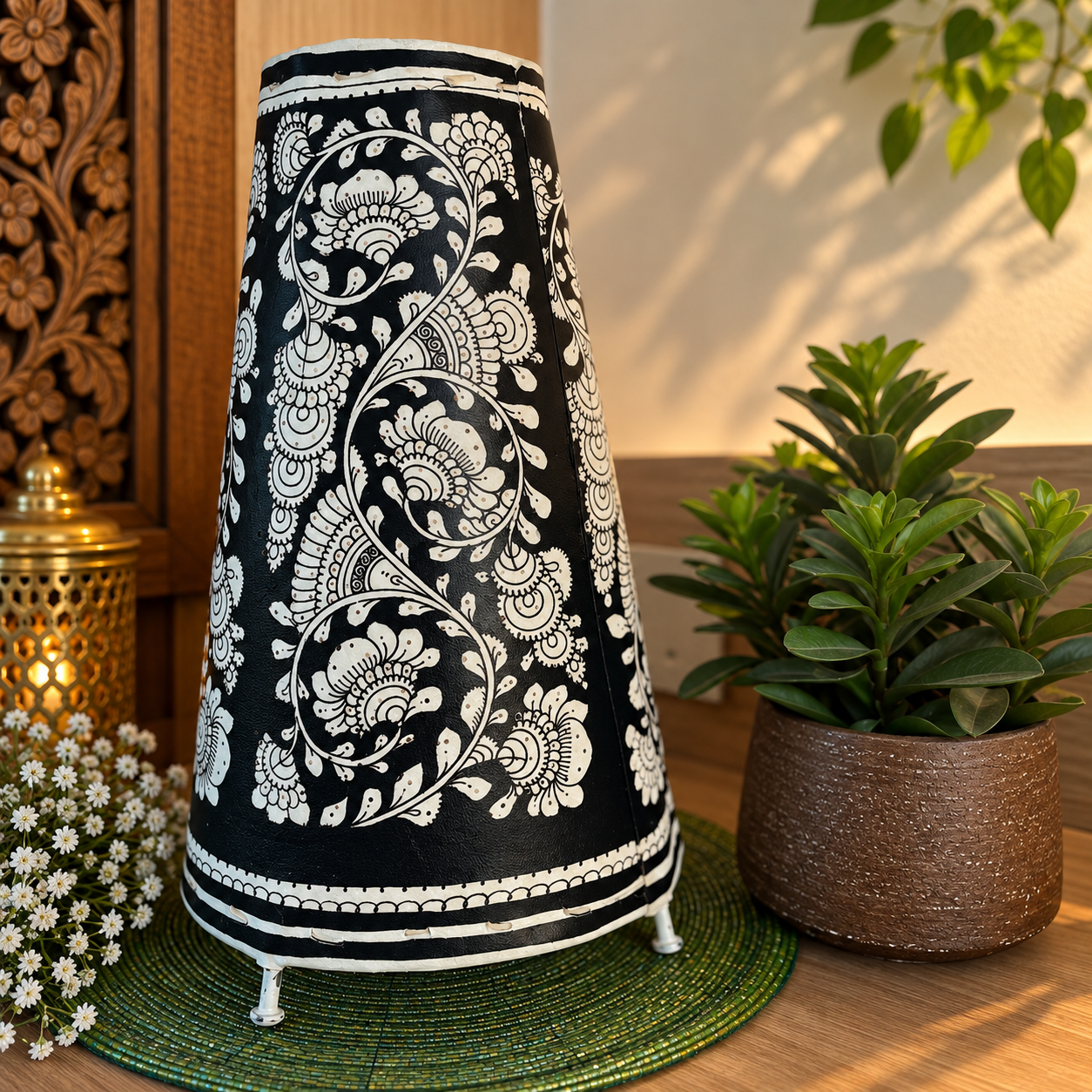 Hand painted Leather Table Lamp (Tholu Bommalata Black Flower Swirl ) - Image 2