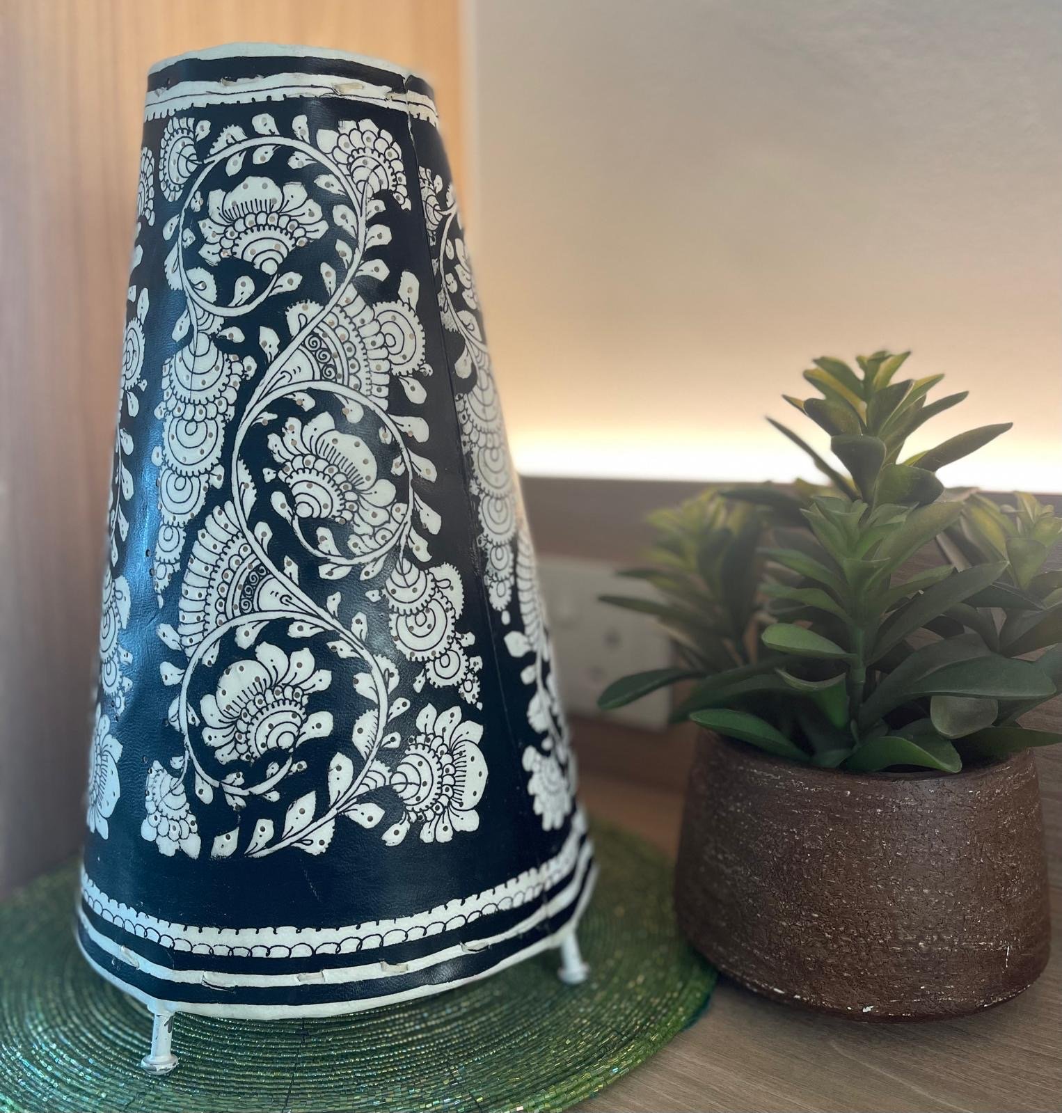 Hand painted Leather Table Lamp (Tholu Bommalata Black Flower Swirl ) - Image 2