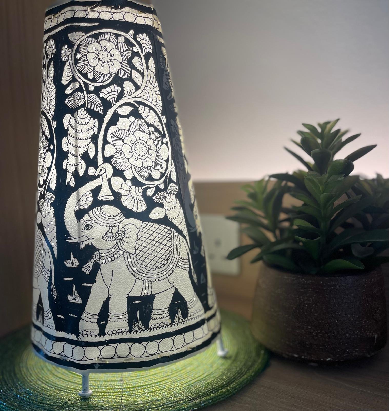 Hand painted Leather Table Lamp (Tholu Bommalata Black Elephant)