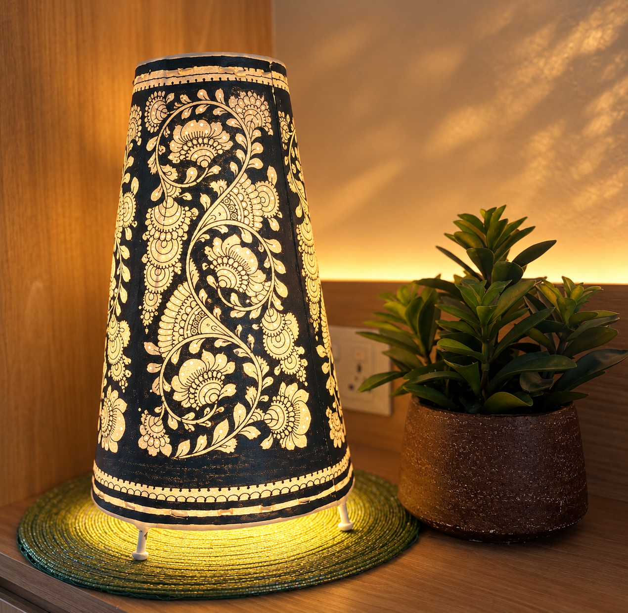 Hand painted Leather Table Lamp (Tholu Bommalata Black Flower Swirl )
