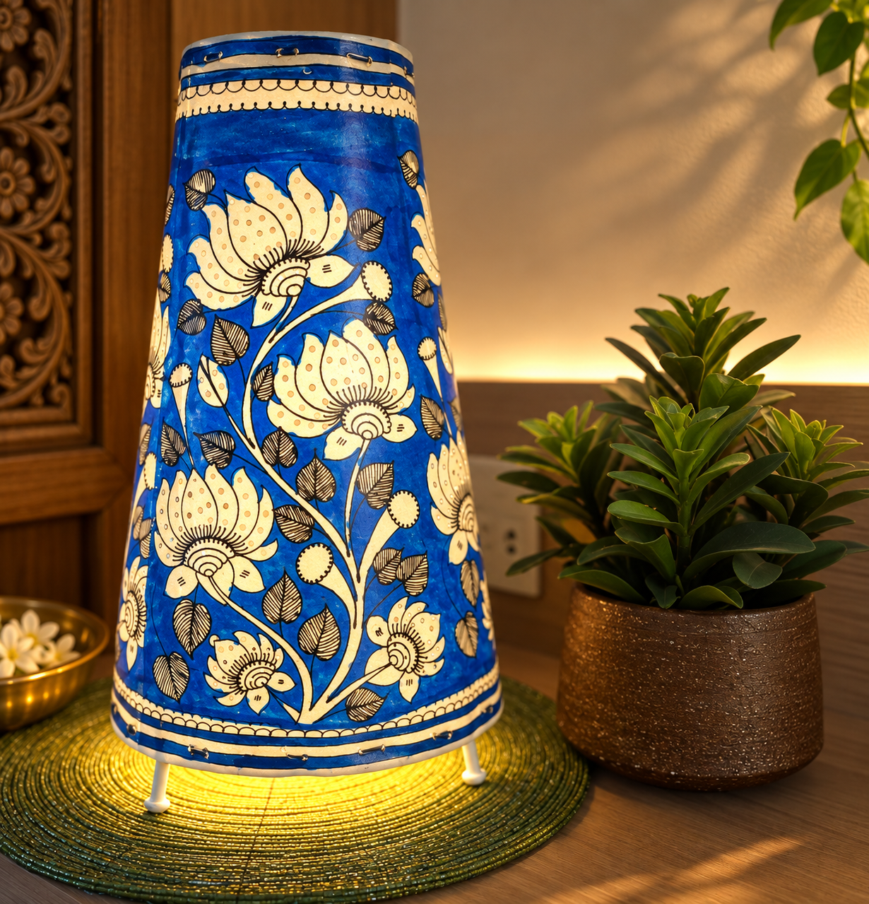 Hand painted Leather Table Lamp (Tholu Bommalata Blue Lotus)