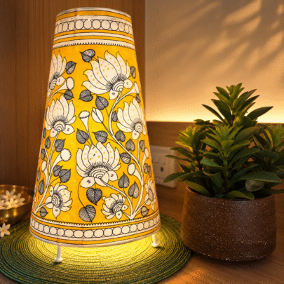 Hand painted Leather Table Lamp (Tholu Bommalata Yellow Lotus)