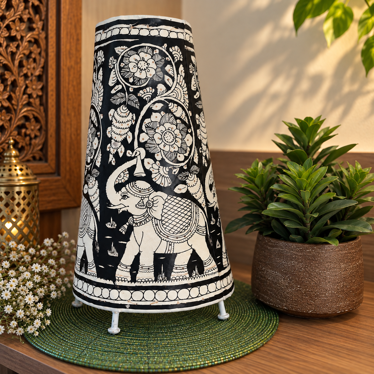 Hand painted Leather Table Lamp (Tholu Bommalata Black Elephant) - Image 2