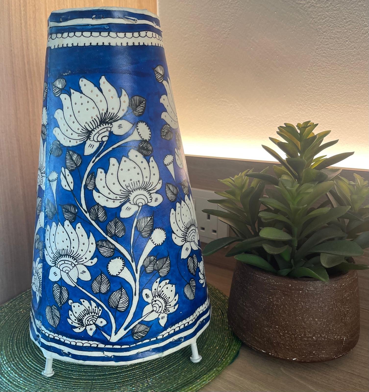 Hand painted Leather Table Lamp (Tholu Bommalata Blue Lotus) - Image 2