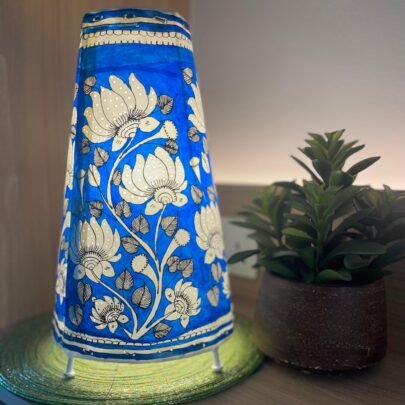 Hand painted Leather Table Lamp (Tholu Bommalata Blue Lotus)
