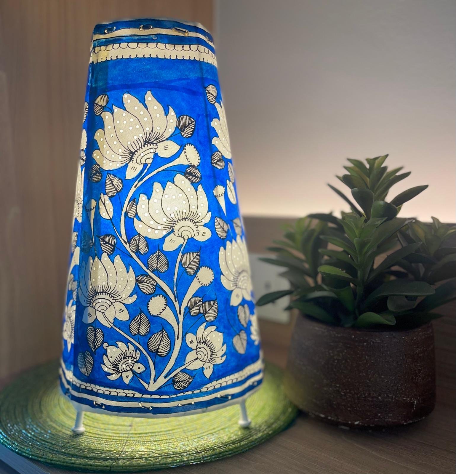 Hand painted Leather Table Lamp (Tholu Bommalata Blue Lotus)